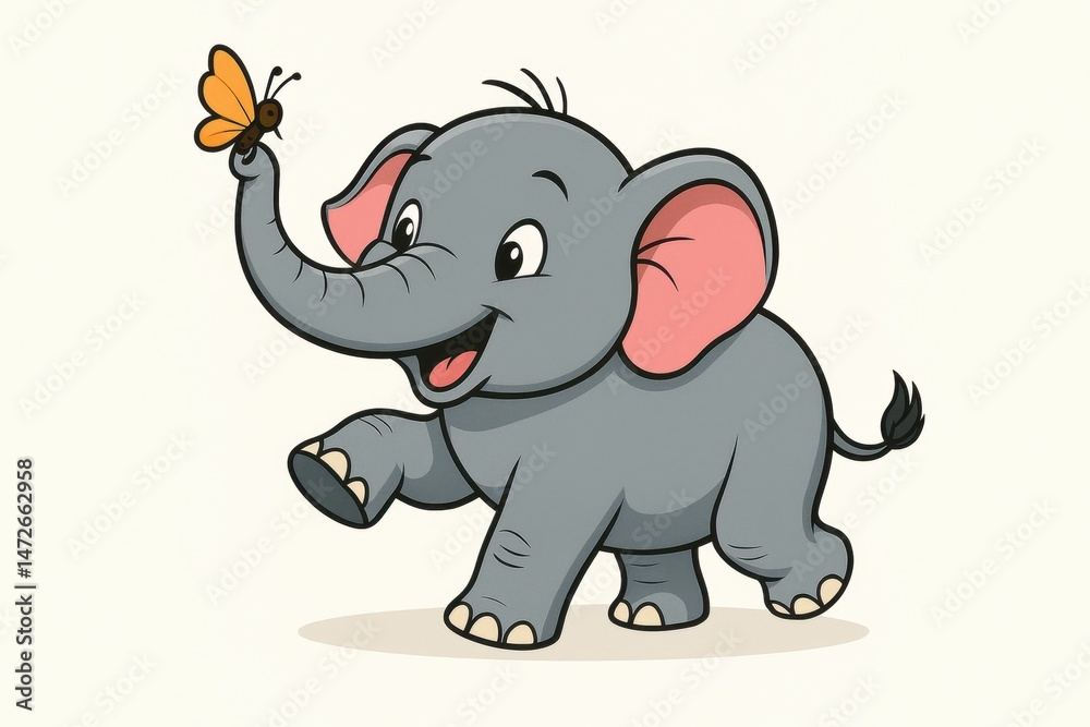 Obraz premium A cartoon elephant with a playful grin, holding a tiny imaginary butterfly on the tip of its trunk