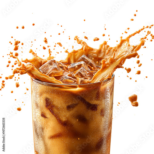  iced caramel macchiato including splashes, isolated on white background,PNG