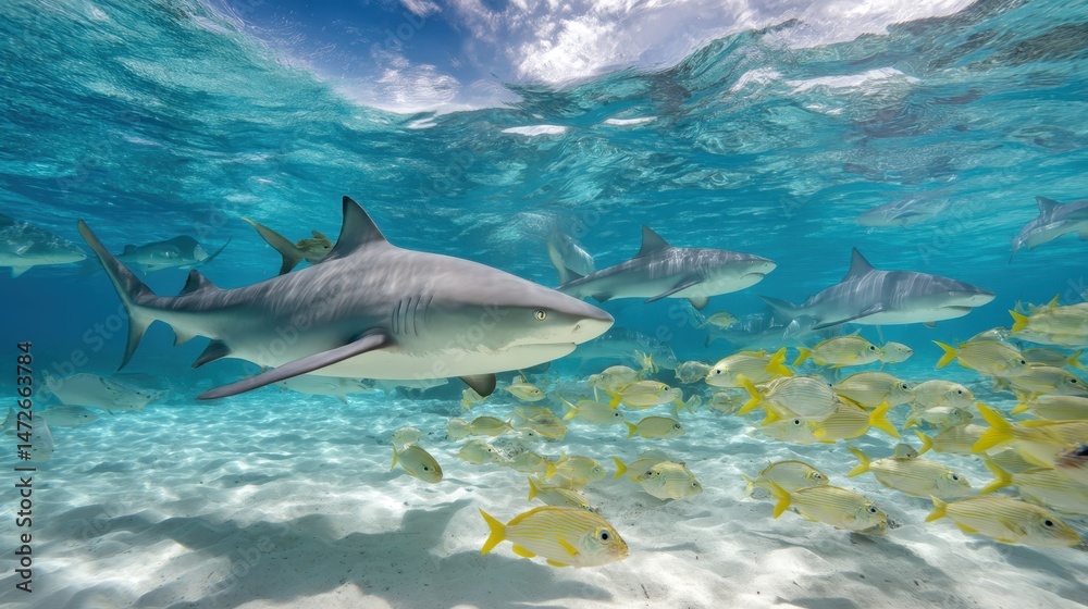 Obraz premium Lemon Shark Encounter: Underwater Adventure at Tiger Beach, Bahamas