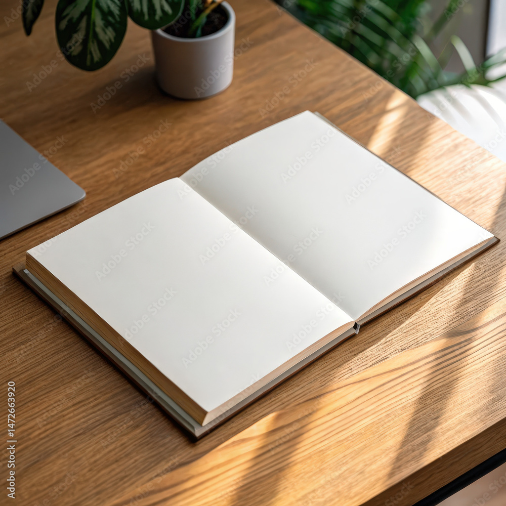 Fototapeta premium Blank hardcover book opened on wooden desk, with copy space