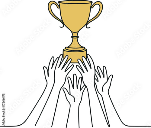 Victory Symbol with Hands Holding Trophy Line Art