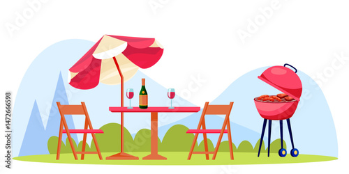 Picnic bbq vector illustration. Grill with roasted meat, sausages, wine on table, chairs, umbrella on backyard garden