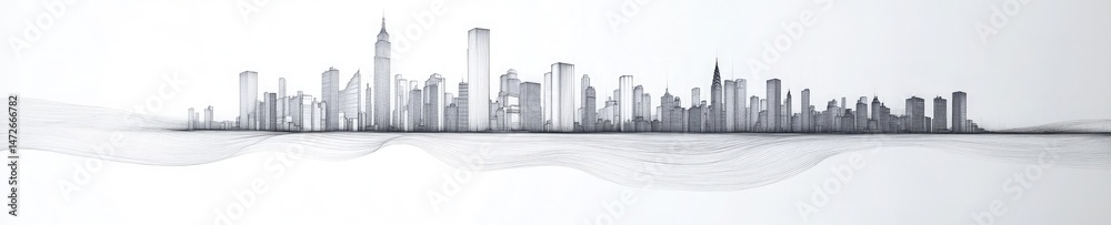 Naklejka premium Sketch Cityscape with Skyline, Buildings, Skyscrapers and Wavy Lines on White