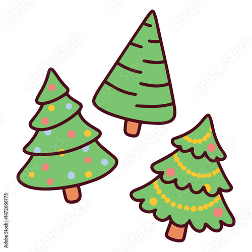 Colorful drawing of festive green pine and Christmas trees with decorations, perfect for children’s holiday crafts, stickers, or educational resources