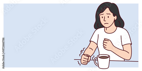 Young woman trying to hold glass but losing coordination due to spinocerebellar ataxia SCA, showing neurological symptoms like tremor, imbalance, muscle weakness, motor dysfunction, difficulty in move