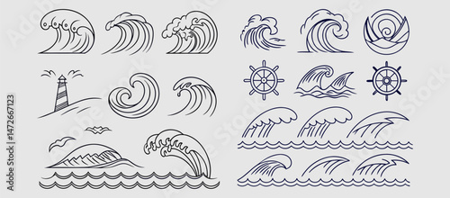 various wave water lake river logo vector illustration, bundle set collection package design. Abstract Line Art Elements, Symbols, Nature, Flow, Energy, Design