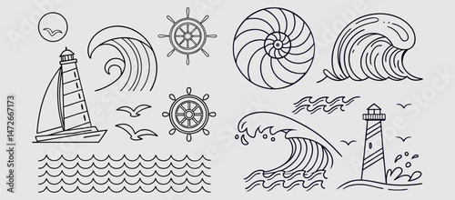 various wave water lake river logo vector illustration, bundle set collection package design. Abstract Line Art Elements, Symbols, Nature, Flow, Energy, Design
