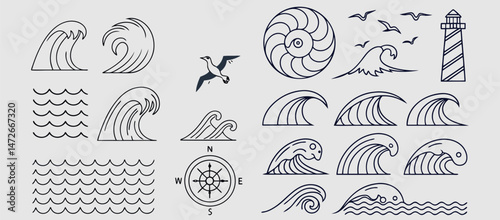 various wave water lake river logo vector illustration, bundle set collection package design. Abstract Line Art Elements, Symbols, Nature, Flow, Energy, Design