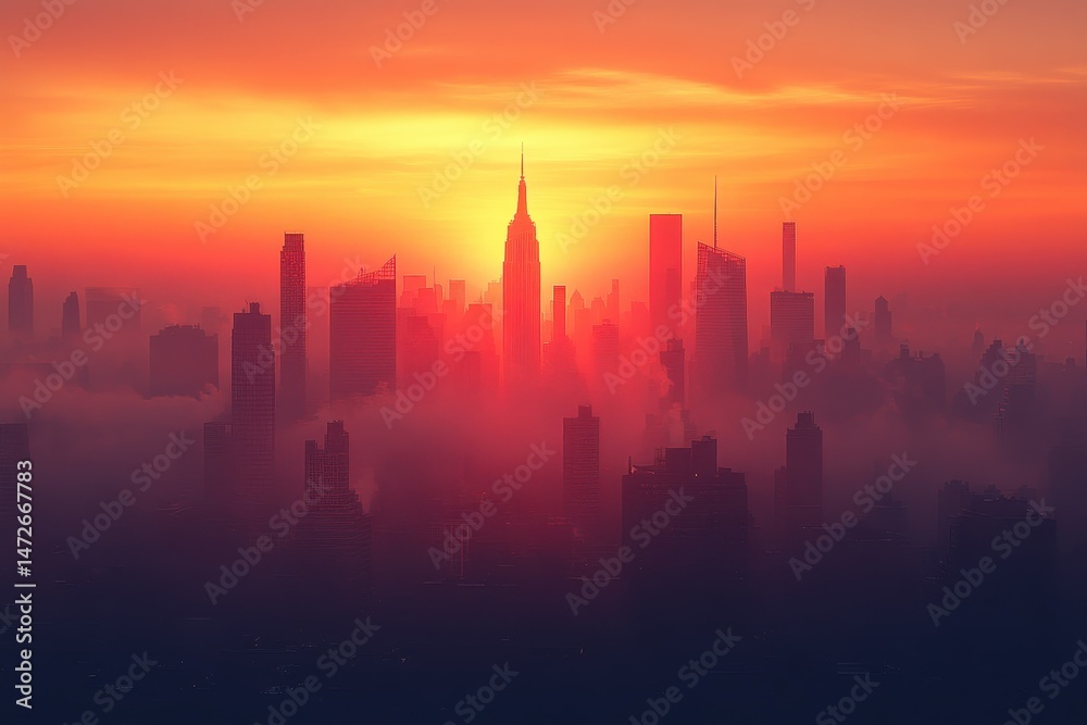 Fototapeta premium Stunning sunset over New York City skyline viewed from a high vantage point during twilight hour