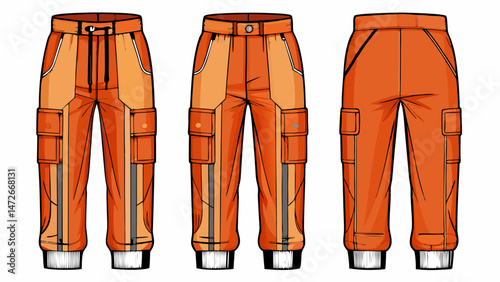 unisex drawstring elastic waist convertible trouser flat sketch vector illustration active pant front and back view technical cad drawing template Very beautiful white background