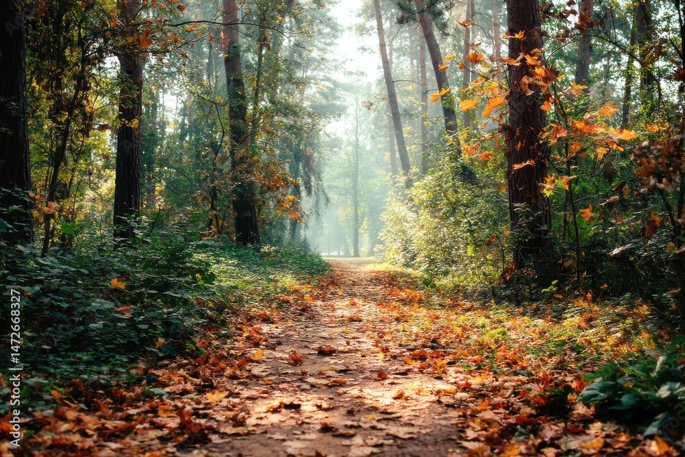 Fototapeta premium A serene forest path covered in autumn leaves, tranquility.