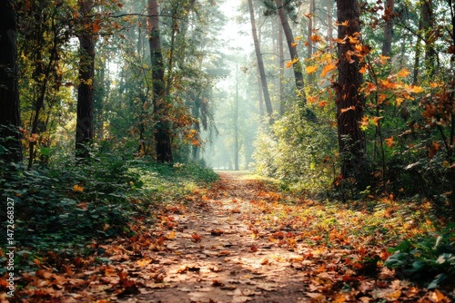 A serene forest path covered in autumn leaves, tranquility.