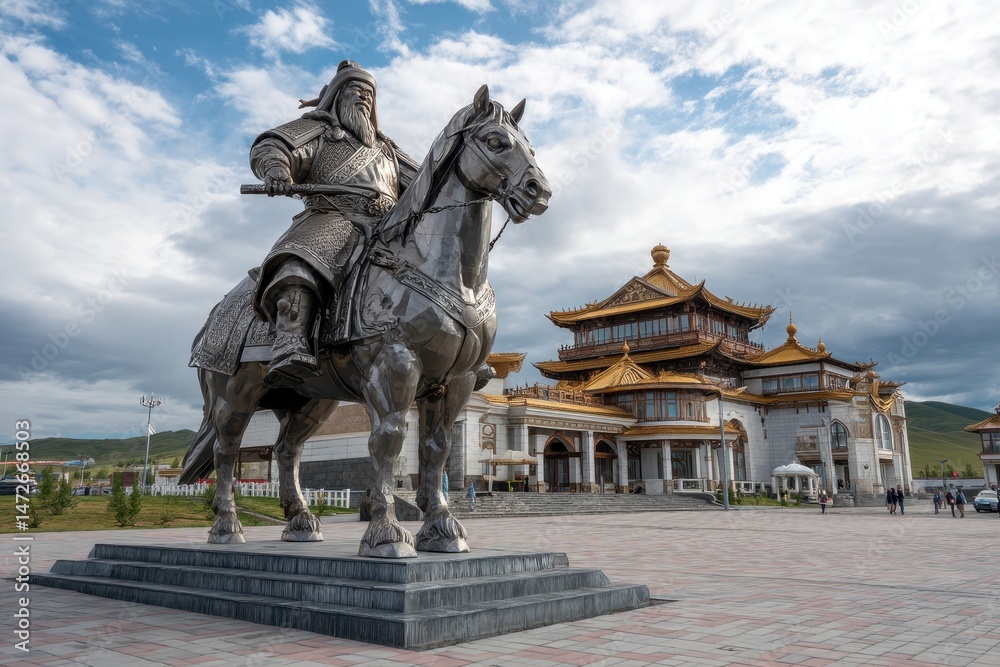 Naklejka premium Monumental Equine Tribute: Genghis Khan Equestrian Statue at Tsonjin Boldog, Mongolia