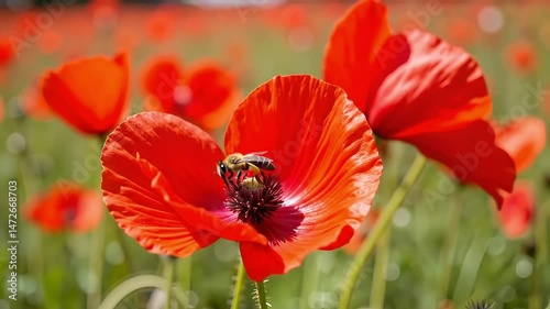 Bee collecting nectar on red poppy with swaying flowers behind