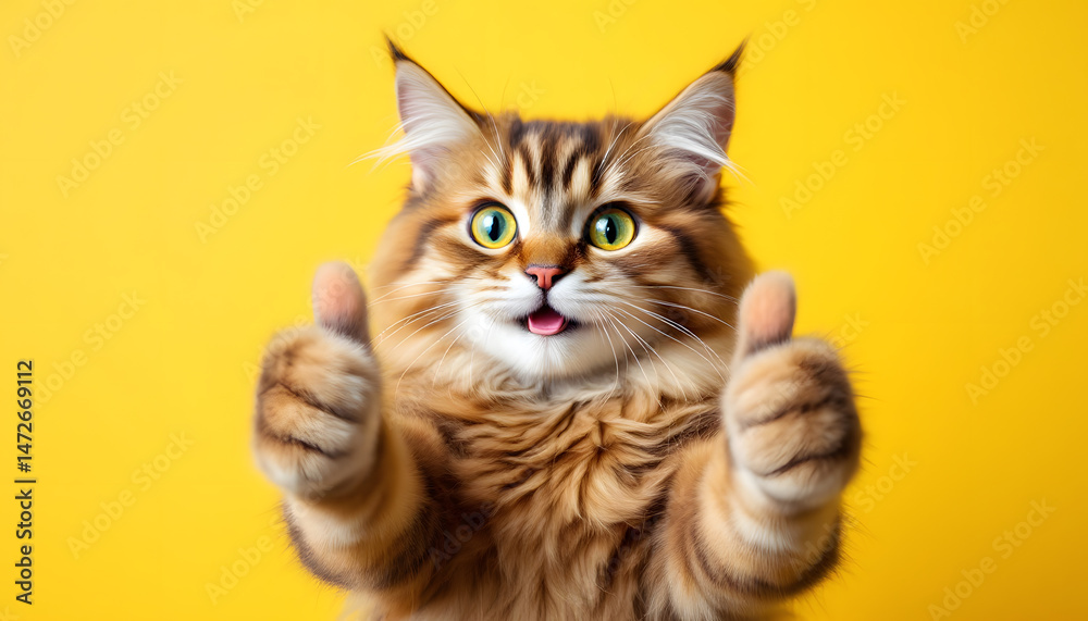 Obraz premium Adorable Fluffy Cat Giving Two Thumbs Up Against Yellow Background