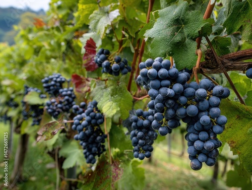 Mature Tempranillo Grapes on Lush Green Vines in a Picturesque Basque Vineyard Landscape
