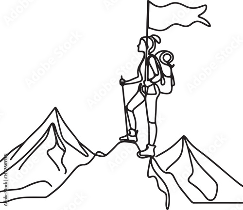 Woman Holding Flag on Summit Line Sketch