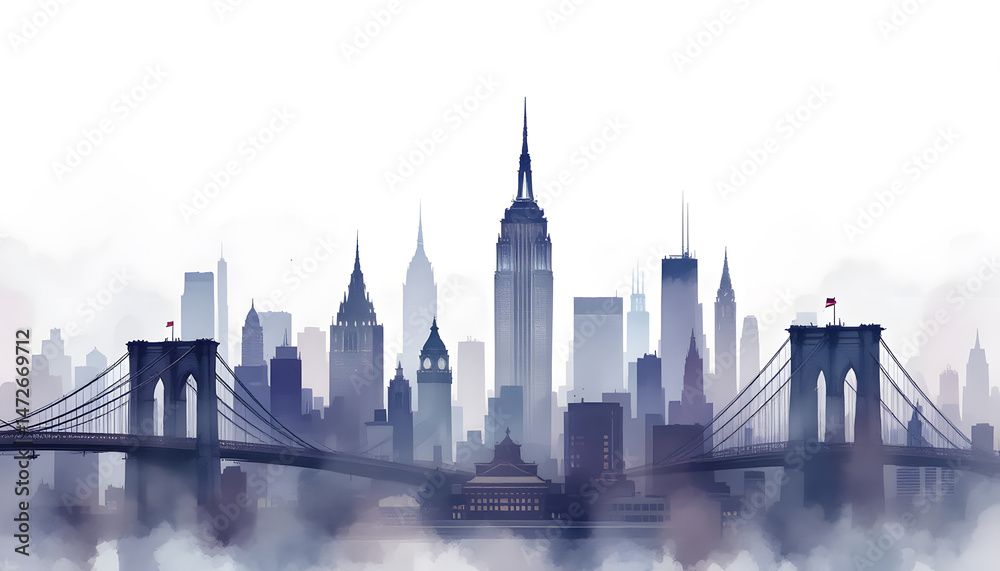 Fototapeta premium Misty Manhattan Skyline: Iconic Bridge and Skyscrapers in a Dreamy Haze