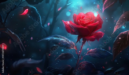 Enchanting crimson rose in a mystical forest.