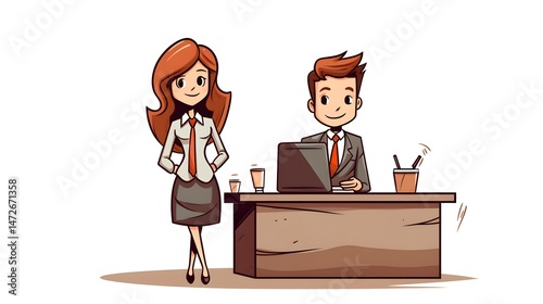 Professional Doodle of an Elegant Secretary Woman in Office with Executive - Business Cartoon Concept