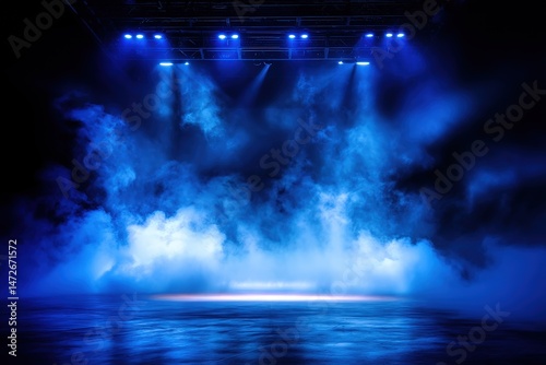 Dramatic blue-lit stage with fog effects.