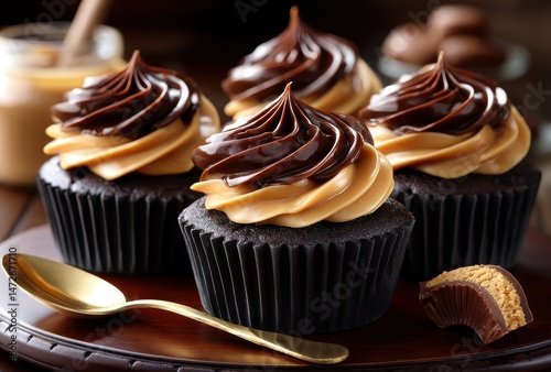 Delicious gourmet chocolate and peanut butter cupcakes with rich frosting and glossy topping on wooden serving tray with golden spoon and ingredients in background.