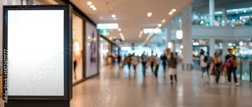 Empty digital billboard in a bustling shopping mall.
