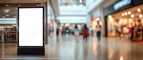 Blank digital billboard in busy shopping mall.