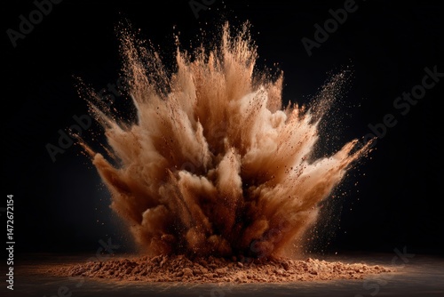 Dynamic explosion of brown powder against a dark background.