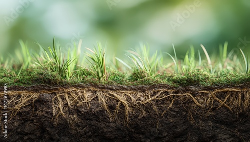 Cross-section of soil with grass and roots.