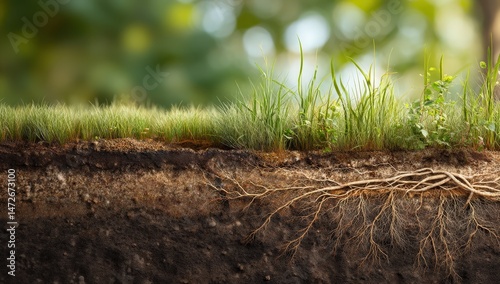 Cross-section of soil with grass and roots visible.