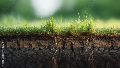 Cross-section of earth showing grass and roots.