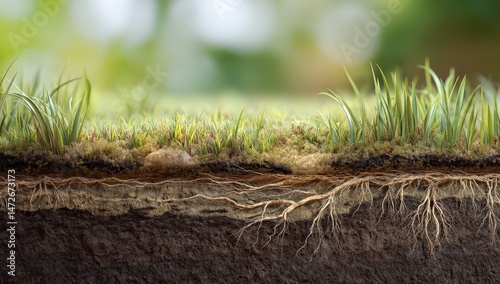 Close-up of grass roots and soil layers in vibrant nature setting.