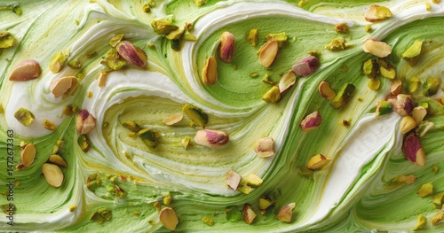 Swirled green and white gelato with pistachios.