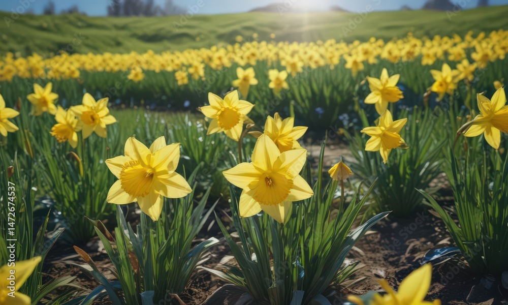 Obraz premium Sunlit daffodil meadow, vibrant yellow blooms under a clear blue sky , nature, blossom, beautiful