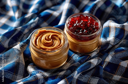 Delicious jars of creamy peanut butter and rich fruit jelly placed on a textured blue plaid fabric creating a cozy and inviting food scene