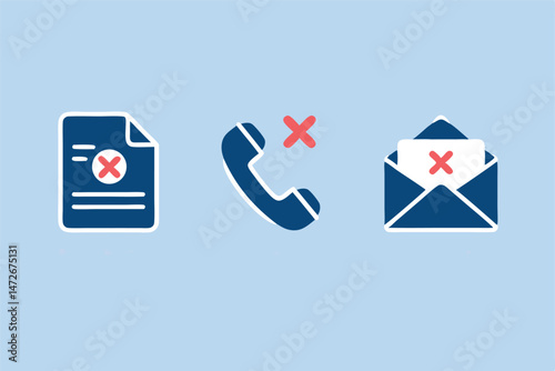 Reject decline deny concepts illustrated with cancelled phone email and document icons