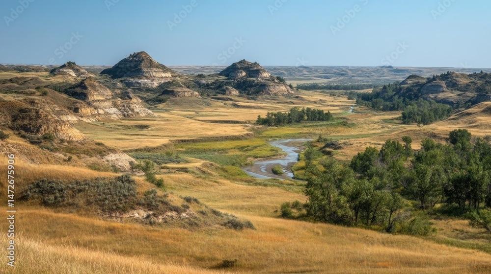 Stunning Landscape of North Dakota Badlands: Grass-Covered Hills and Meandering Streams in Theodore Roosevelt National Park Stunning Landscape of North Dakota Badlands: Grass-Covered Hills and Meandering Streams in Theodore Roosevelt National Park