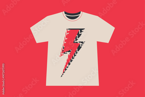 Stylish cream colored t shirt featuring a red and black lightning bolt design on red background