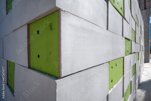 Colorful bricks form a modern architectural wall design.