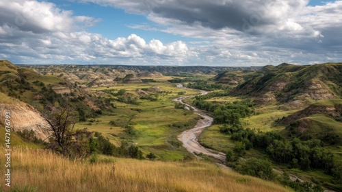 Mystical North Dakota Badlands: A Scenic View of Theodore Roosevelt National Park with Rolling Hills and Lush Prairie