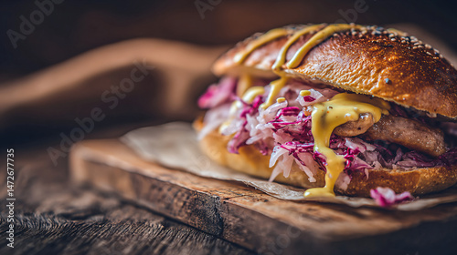 Hearty Sausage Burger with Sauerkraut and Mustard Drizzle