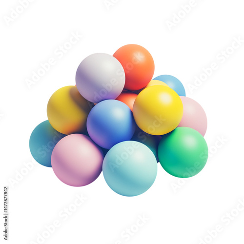 A grouped cluster of multicolored ping pong balls forming a loose pile, high-resolution PNG with clean edges and no background, showing soft surface texture and natural shadows.