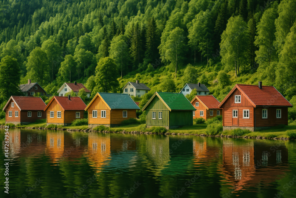 Fototapeta premium Colorful scandinavian cabins reflect in peaceful green lake with lush forested hillside in summer light