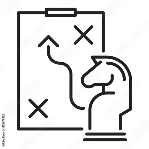 Simple line chess knight faces a game plan, showing a strategic process with paths and goals for business growth and overcoming obstacles.