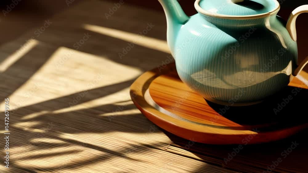Ceramic tea cups and teapot on bamboo mat under palm tree shadows, serene Asian refreshment concept for calm and peaceful lifestyle