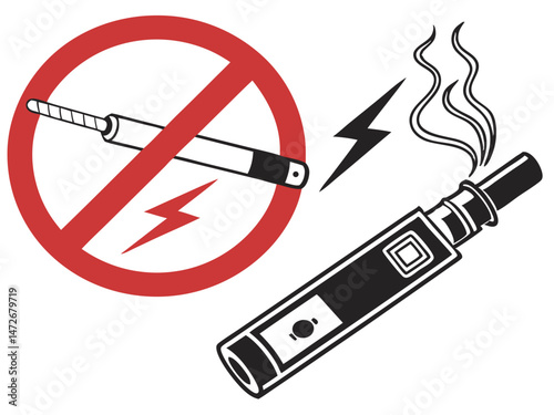 no vaping symbol with e-cigarette and vapor illustration on white background.