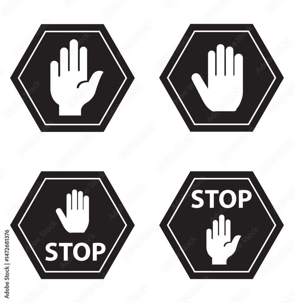 Obraz premium Set of Stop street icon collection. Stop hand sign with text. Red stop sign. Vector Illustration.