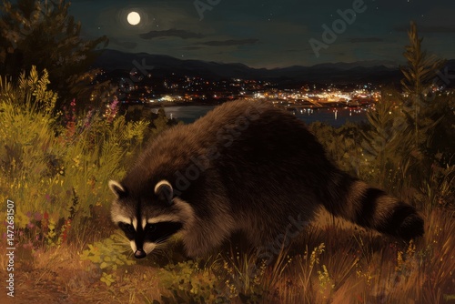 A curious raccoon foraging in a moonlit urban park