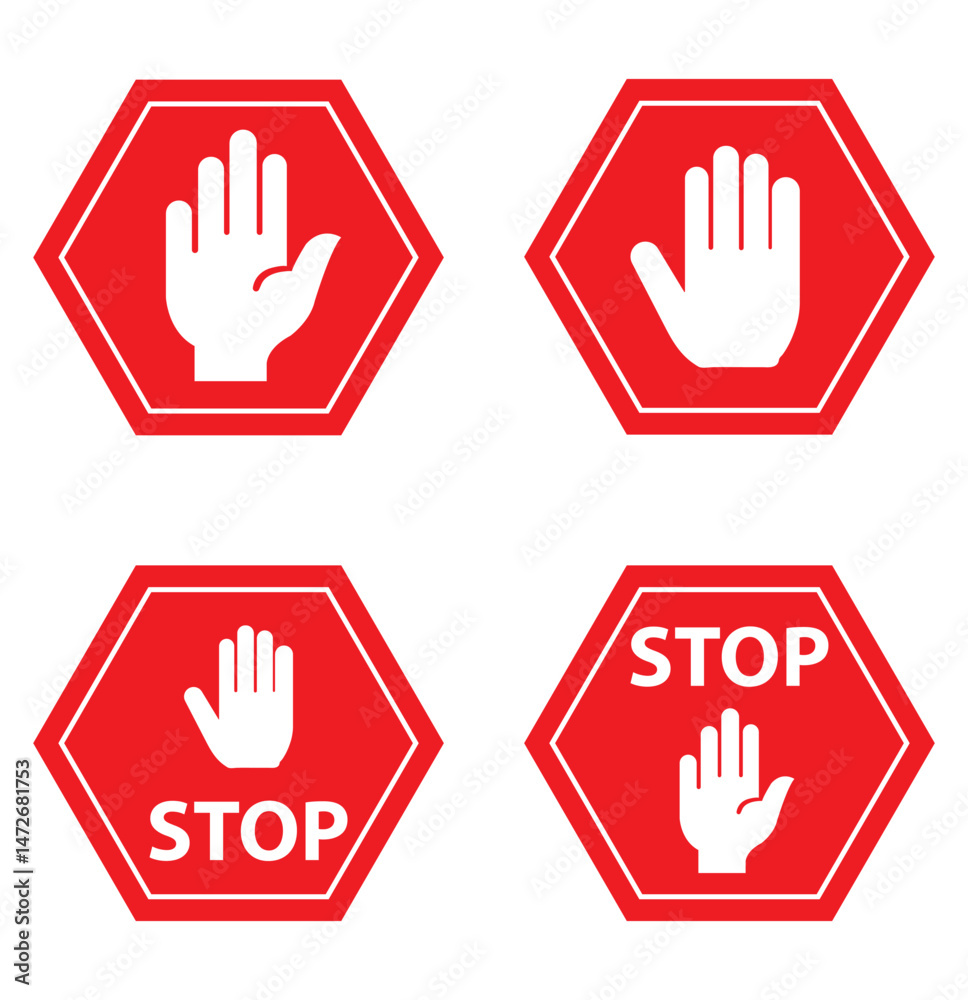 Set of Stop street icon collection. Stop hand sign with text. Red stop sign. Vector Illustration. Set of Stop street icon collection. Stop hand sign with text. Red stop sign. Vector Illustration.
